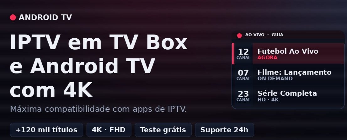 TV Box, celular e notebook exibindo um aplicativo de streaming